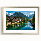 Extra large abstract art print of a textured European scenery in muted earth tones, framed in silver.