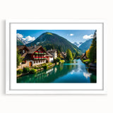 Textured abstract art print depicting a European scenery in muted earth tones, framed with a white mat.