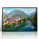 Large abstract wall art of a European scenery in Austria, in muted earth tones on framed acrylic.