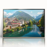 Large art print of a European Austrian scenery in muted greens and blues on a silver-framed acrylic.