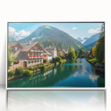 Mid-century modernist art depicting a serene Austrian landscape on a white framed acrylic, ideal for modern art wall decor.