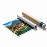 Extra large rolled print of a European scenic landscape with vibrant floral elements, ideal for classy bathroom wall art.