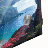 Large abstract wall art depicting a European Cyprus landscape in muted earth tones on acrylic glass.