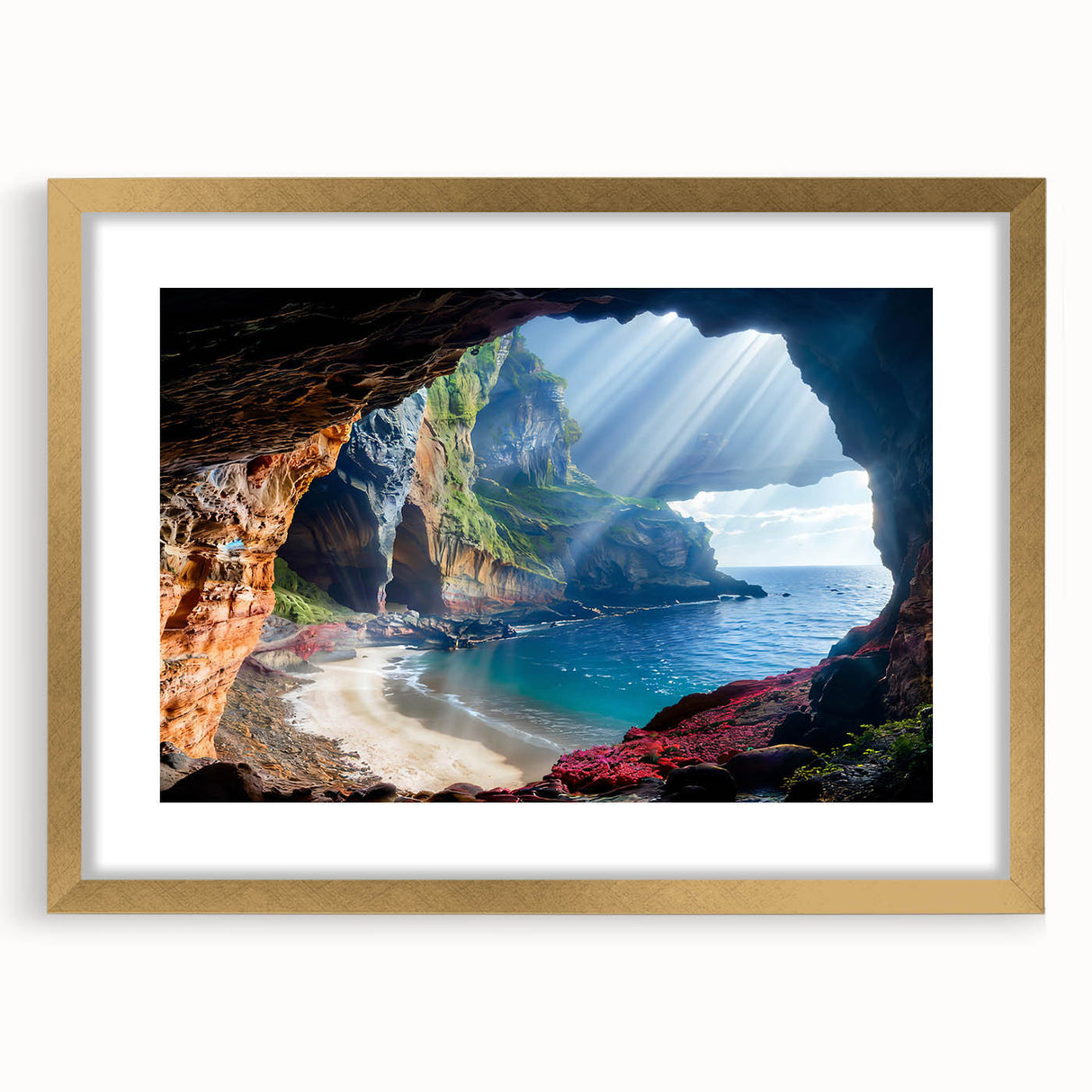 Abstract art print of a European Cyprus landscape in gold frame, using muted earth tones, ideal for dining room decor.