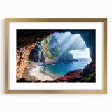 Abstract art print of a European Cyprus landscape in gold frame, using muted earth tones, ideal for dining room decor.