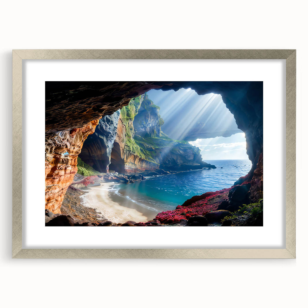 Extra large abstract art print featuring textured scenery of Europe, in muted earth tones, framed in silver.