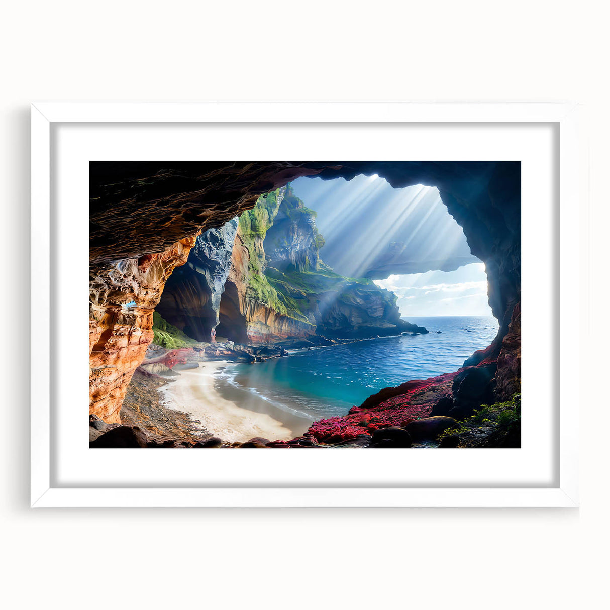Textured abstract art print of a European Cyprus landscape in muted earth tones, framed with a white mat.