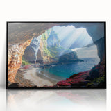 Large abstract wall art depicting a European Cyprus scenery in muted earth tones on a framed acrylic panel.