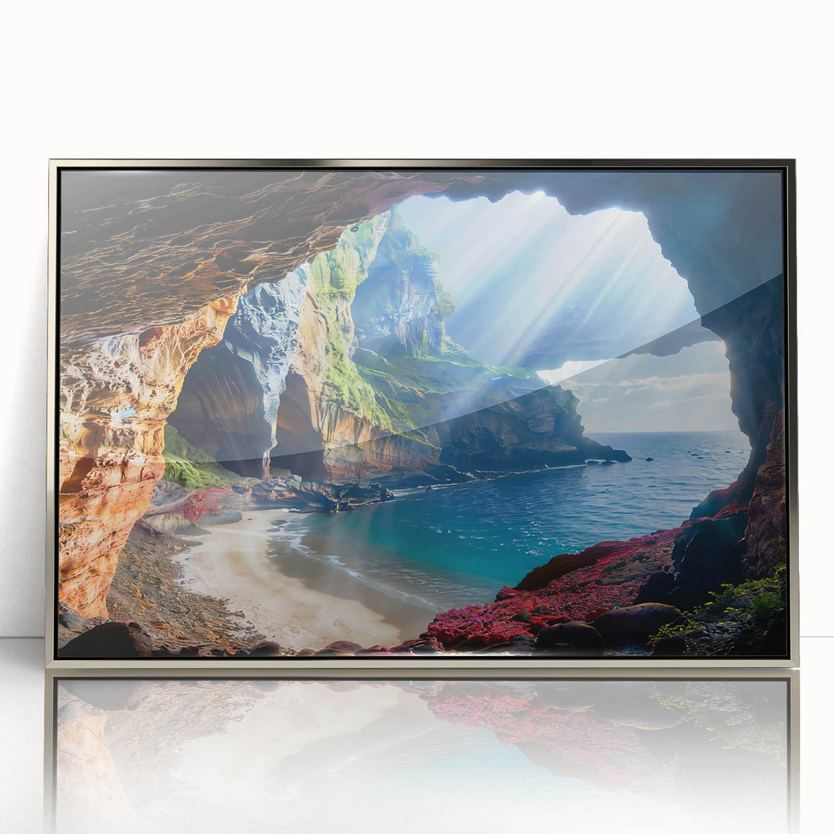 Framed acrylic print of a European Cyprus landscape in muted earth tones, ideal for modern art wall decor.