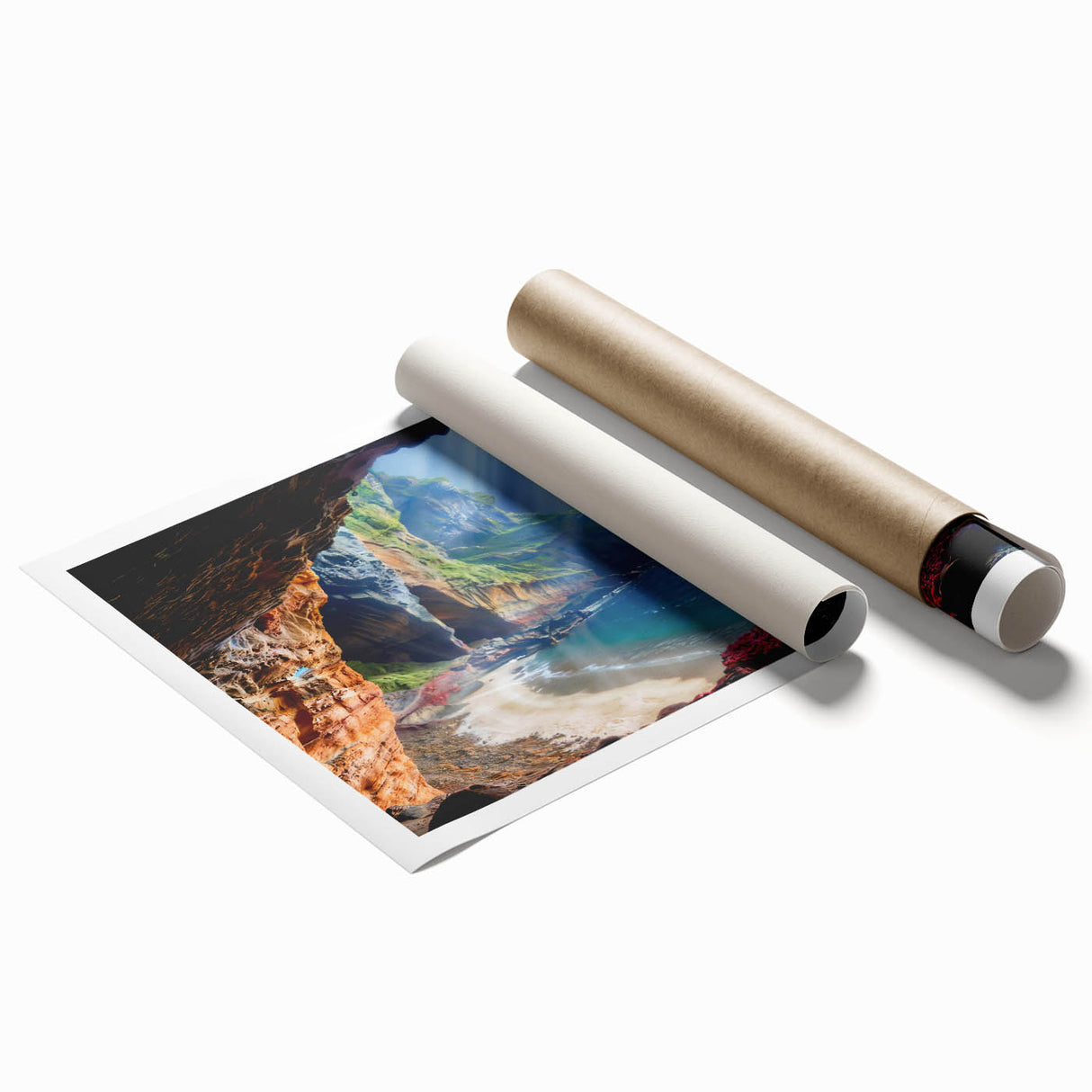 Extra large rolled print of a European Cyprus landscape with vibrant floral elements, ideal for classy bathroom wall art.