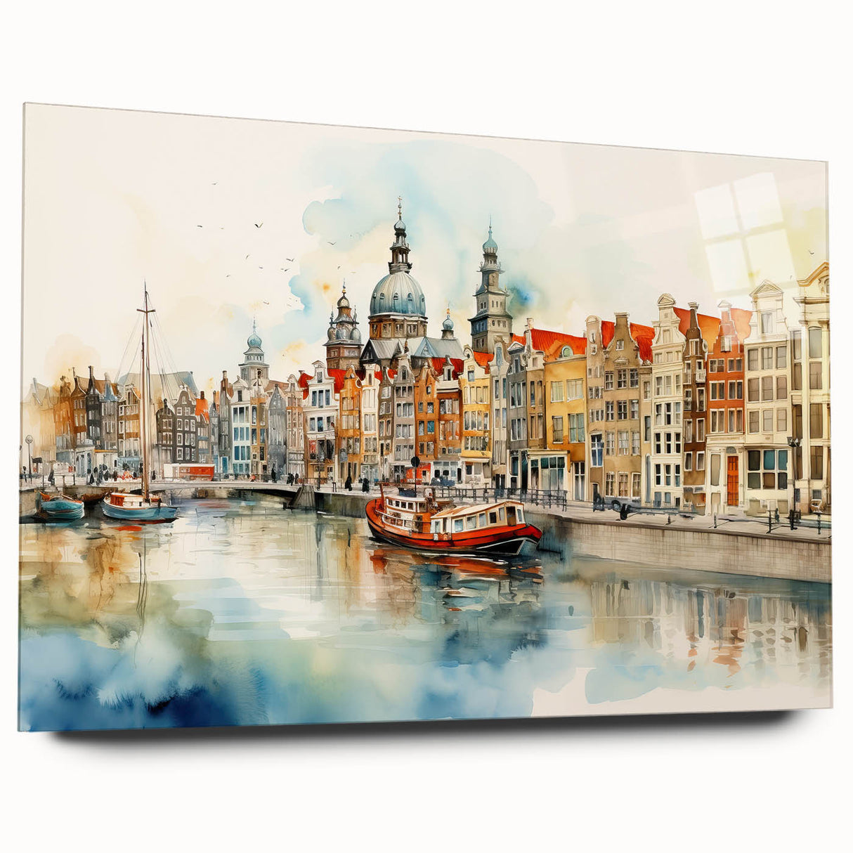 Large abstract depiction of a European scenery in muted blues and greens on acrylic glass.