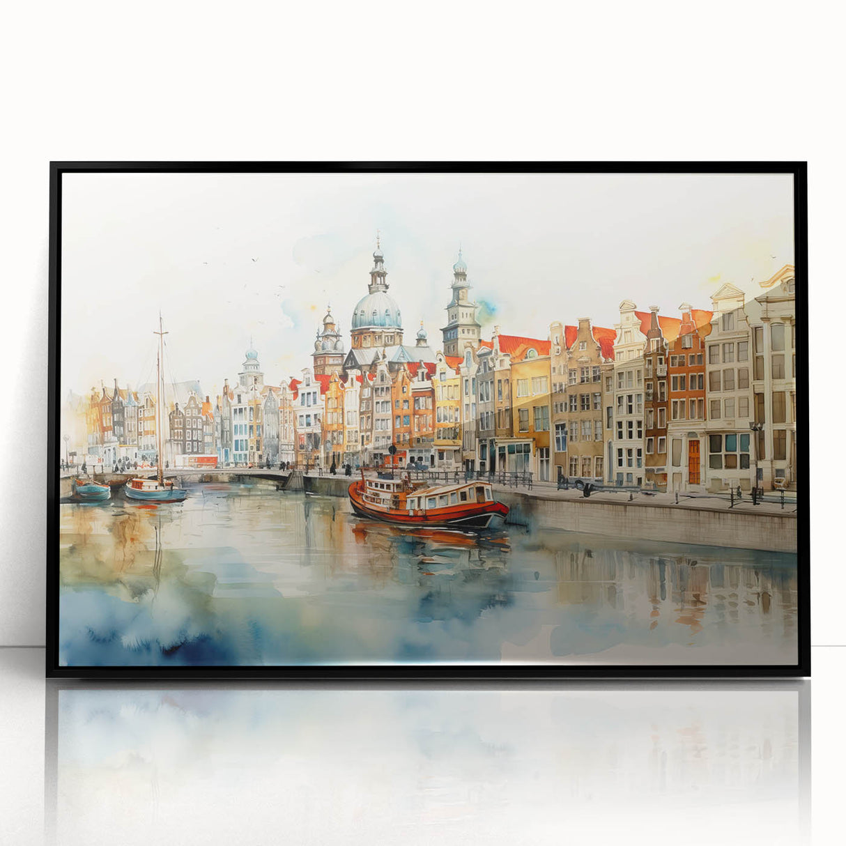 Large abstract wall art depicting a European cityscape in muted gray tones, framed in black acrylic.
