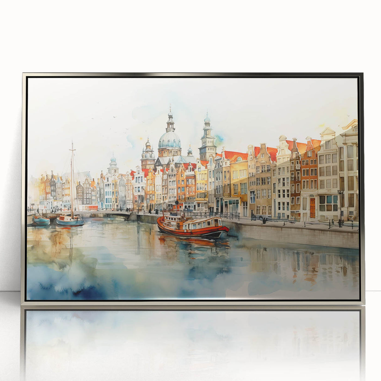 Large art print of a scenic Denmark landscape in muted earth tones on a silver-framed acrylic.