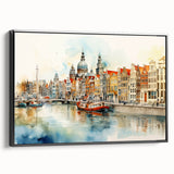 Black and white framed canvas of a vintage European landscape, ideal for bedroom wall decor.