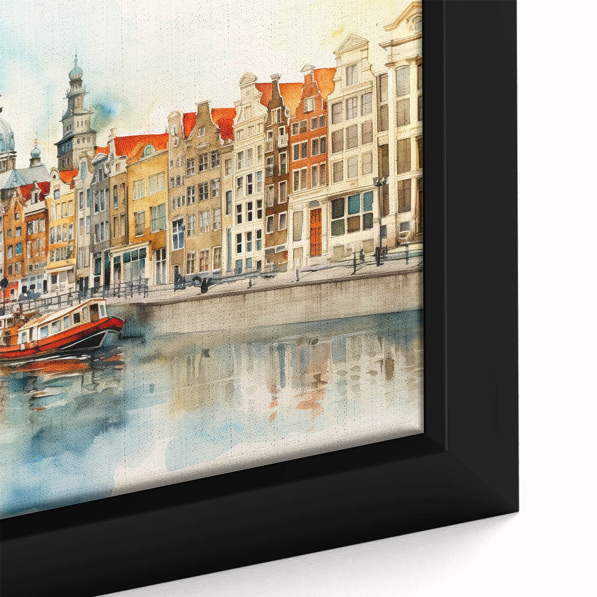 Extra large framed canvas featuring a textured depiction of a European scenery in black with colorful accents.