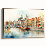 Framed canvas depicting a vintage-style landscape of a European scenery in muted earth tones, ideal for bedroom wall decor.