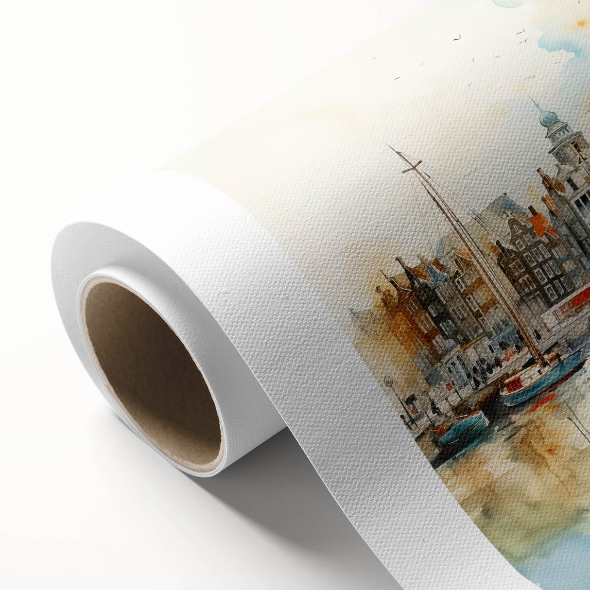 Art deco poster of a serene Danish landscape in pastel shades on rolled canvas, ideal for nursery wall art.