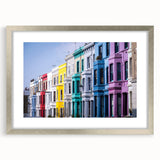 Extra large abstract art print of London scenery in muted gray and blue tones on a silver-framed canvas.