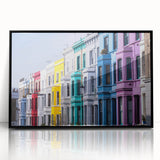 Large abstract wall art of London scenery in muted gray and blue tones, framed in black acrylic.