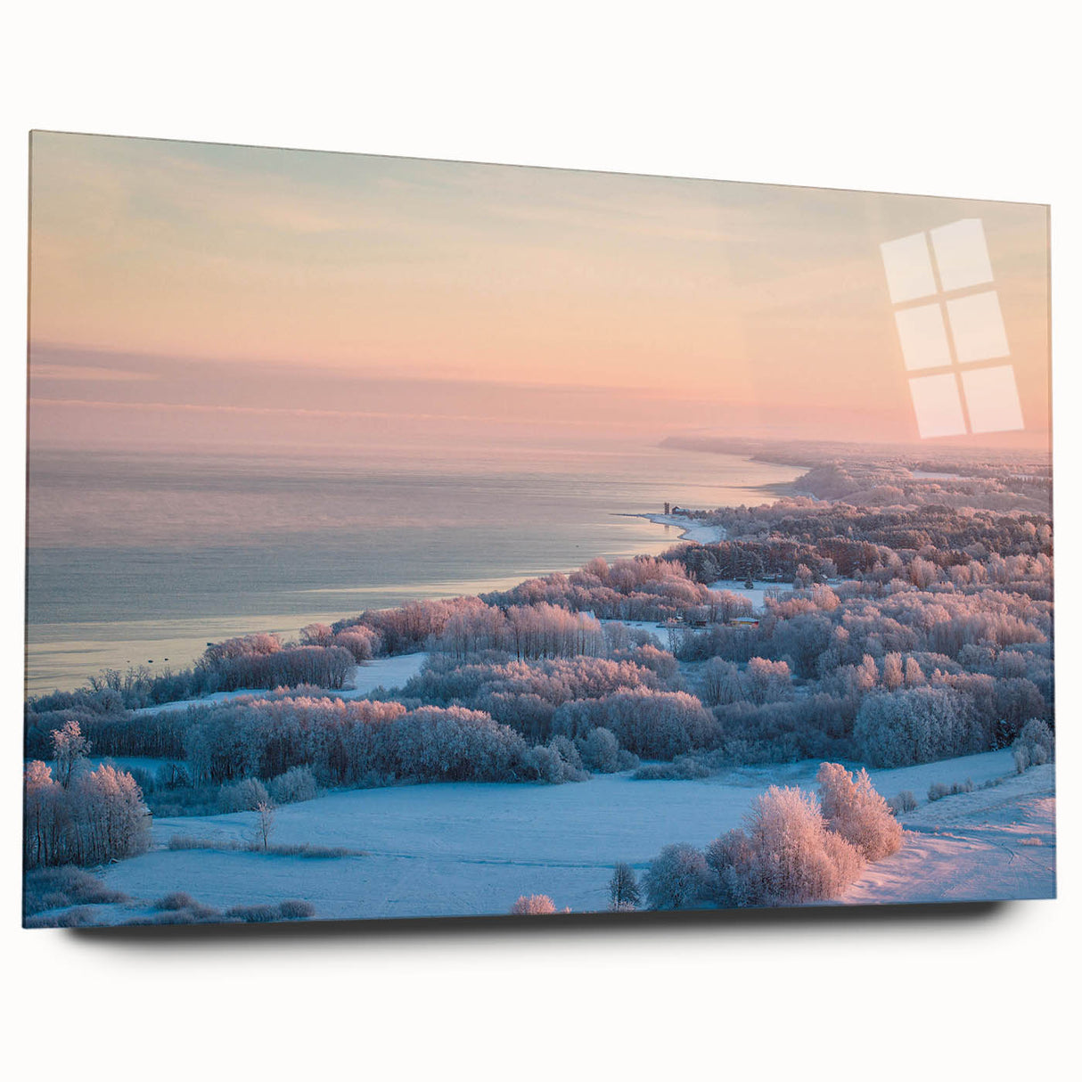 Large abstract wall art of a European scenery in muted green and blue tones, acrylic glass.
