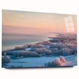 Large abstract wall art of a European scenery in muted green and blue tones, acrylic glass.