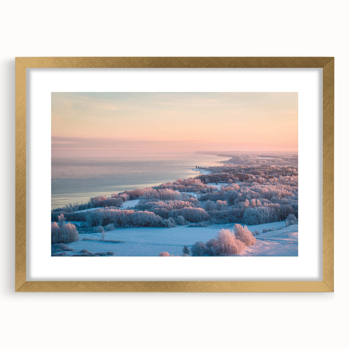 Abstract art print featuring a European scenery in muted earth tones on a framed gold mat, ideal for dining room decor.