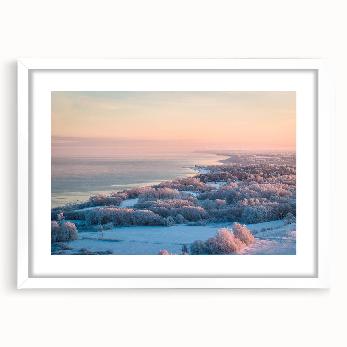 Textured abstract art print depicting a European scenery in muted earth tones, framed with a white mat.