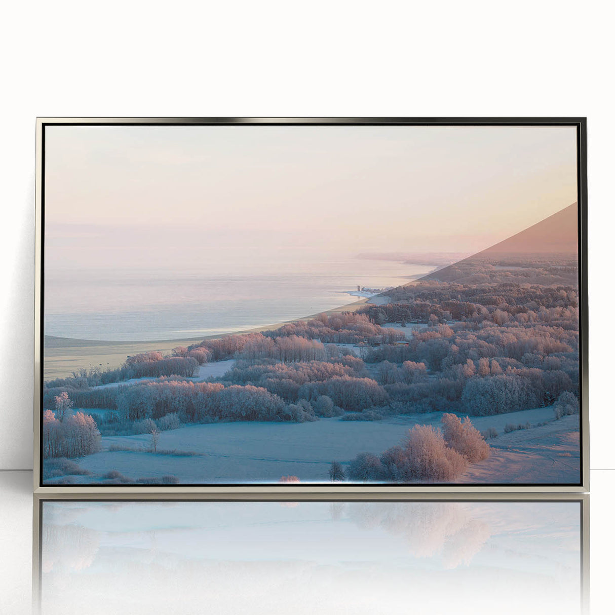 Large art print of a serene Estonian landscape in muted green and blue tones, framed in silver acrylic.