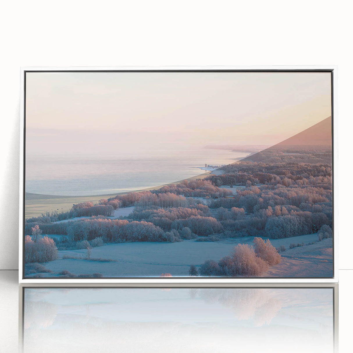 Mid-century modernist art depicting a serene Estonian landscape in muted earth tones, framed acrylic.