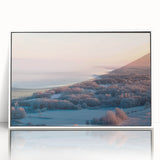Mid-century modernist art depicting a serene Estonian landscape in muted earth tones, framed acrylic.