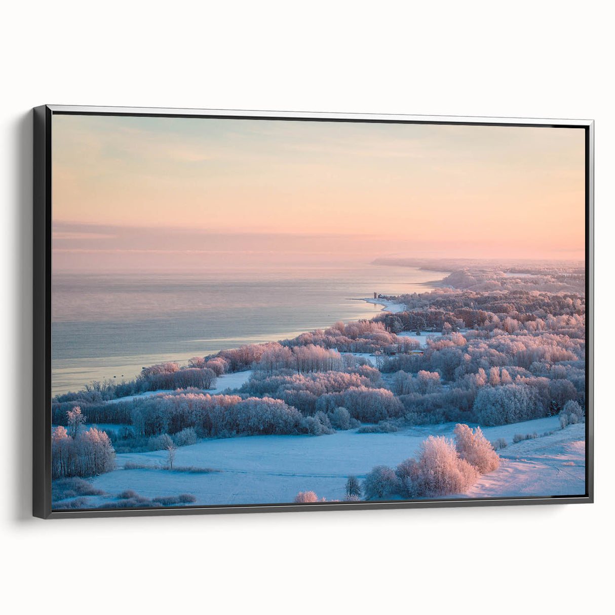 Black and white wall art featuring a vintage poster art style landscape of Estonia, framed canvas, ideal for bedroom decor.