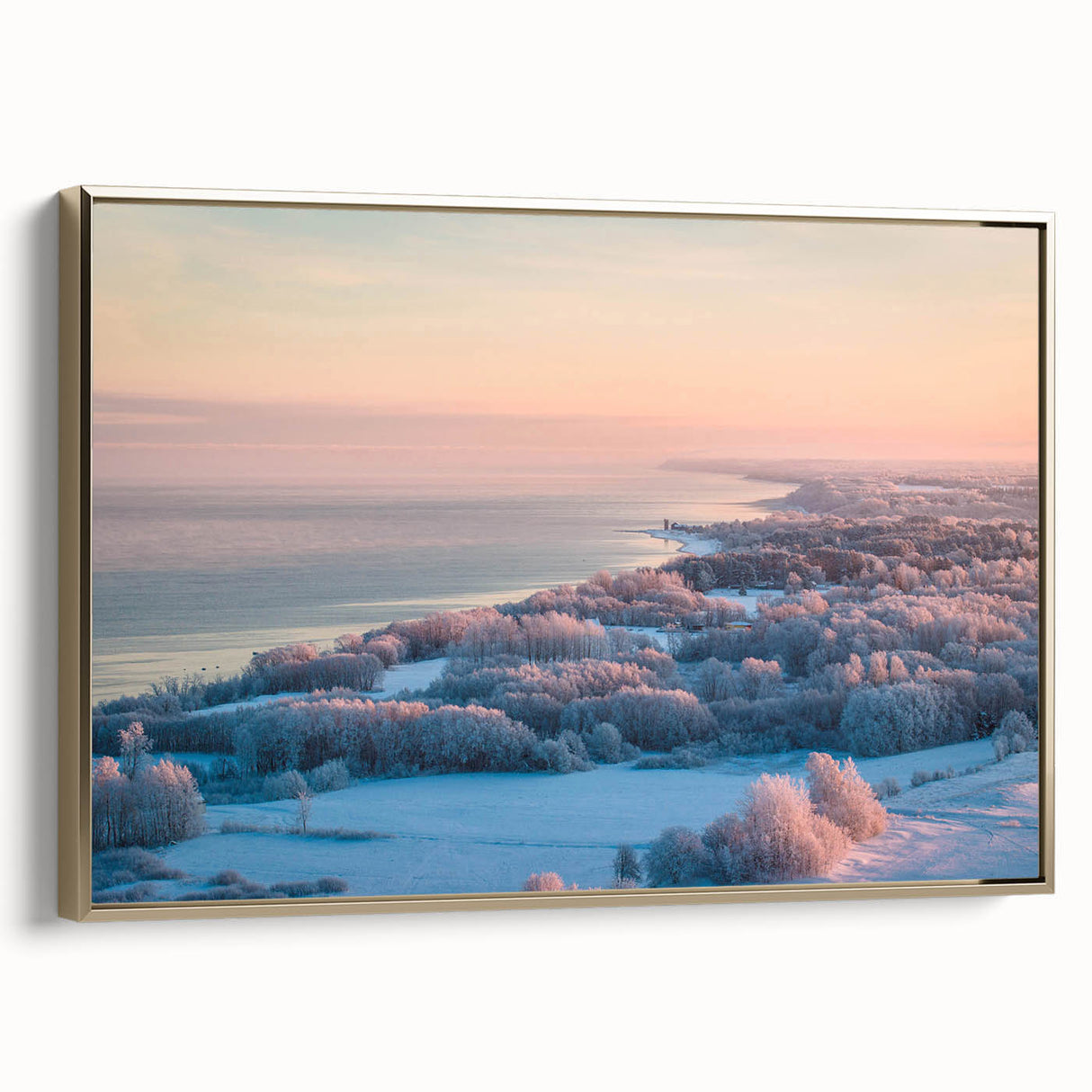 Framed canvas depicting a vintage-style landscape painting of an Estonian scenery, in muted gold and black tones.