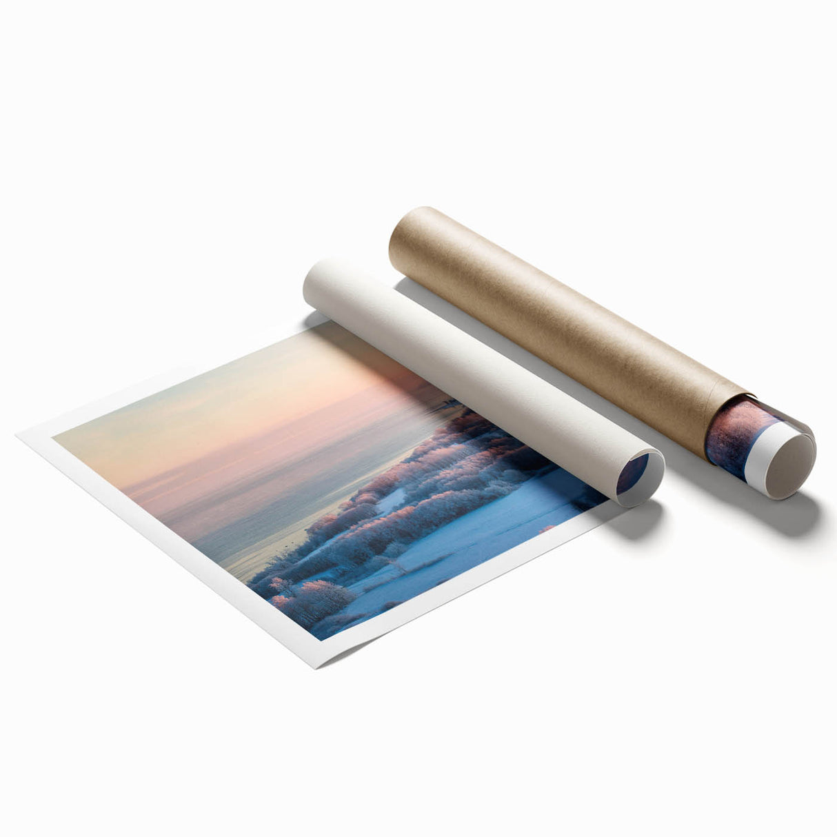Extra large rolled print of a serene Estonian landscape with soft floral accents, ideal for classy bathroom wall art.