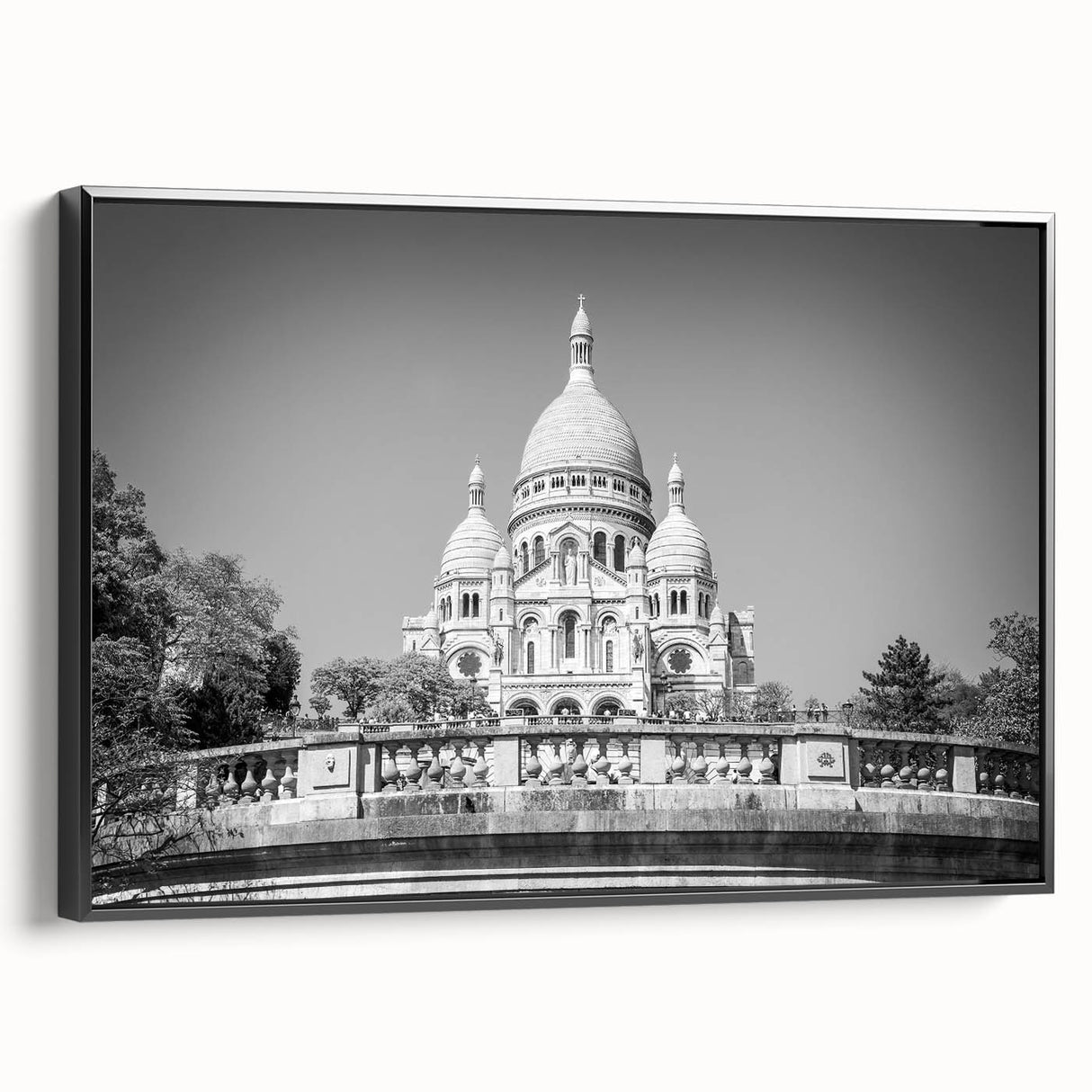Black and white wall art of Paris landscape on framed canvas, ideal for bedroom decor, featuring vintage poster style.