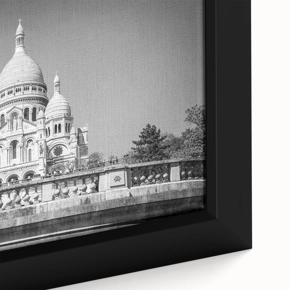 Extra large framed canvas of a textured Paris street scene in black with colorful elements, ideal for living room decor.
