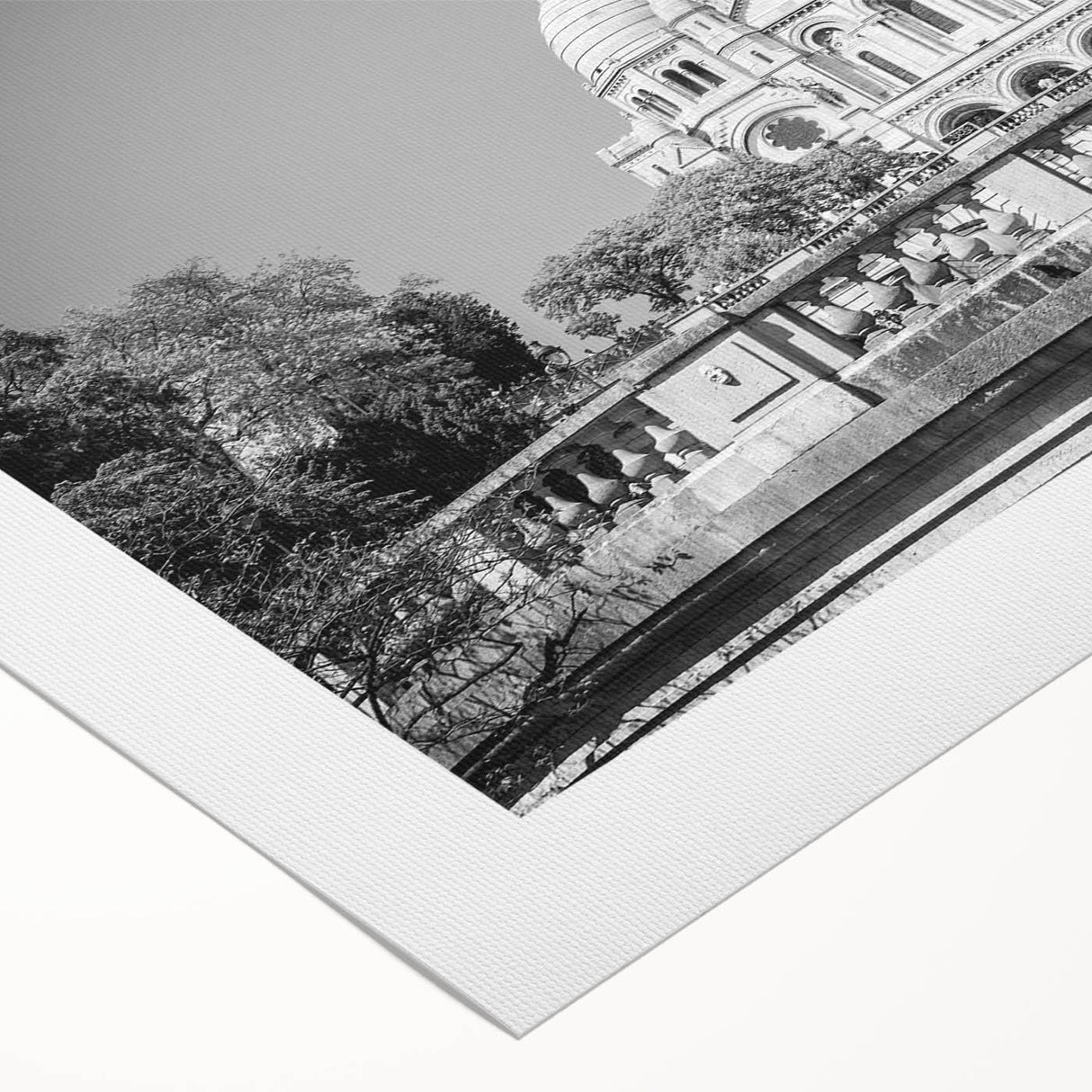Art Deco poster of Paris skyline in muted gray and blue tones on rolled canvas, suitable for dining room wall art.