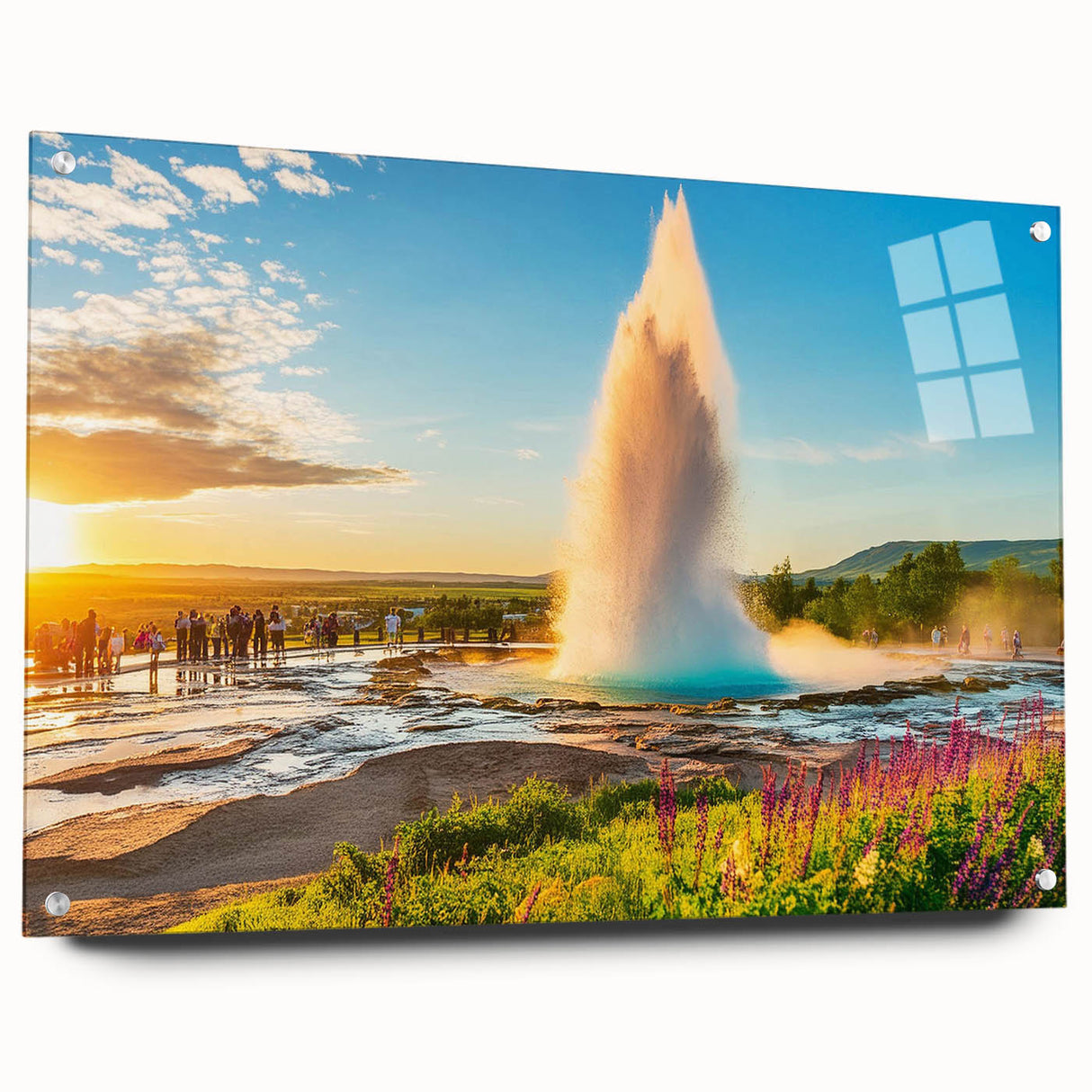 Acrylic print of a serene Icelandic landscape in muted blue and green hues, ideal for bedroom or dining room decor.