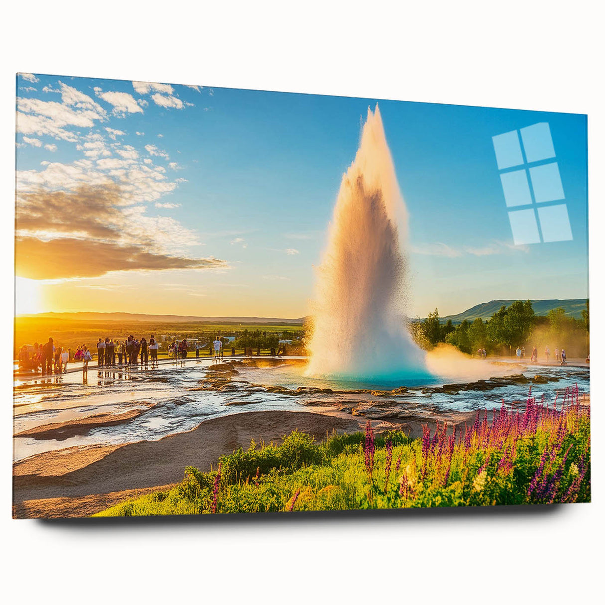 Large abstract depiction of an Icelandic landscape on acrylic glass, featuring cool blue and gray tones.