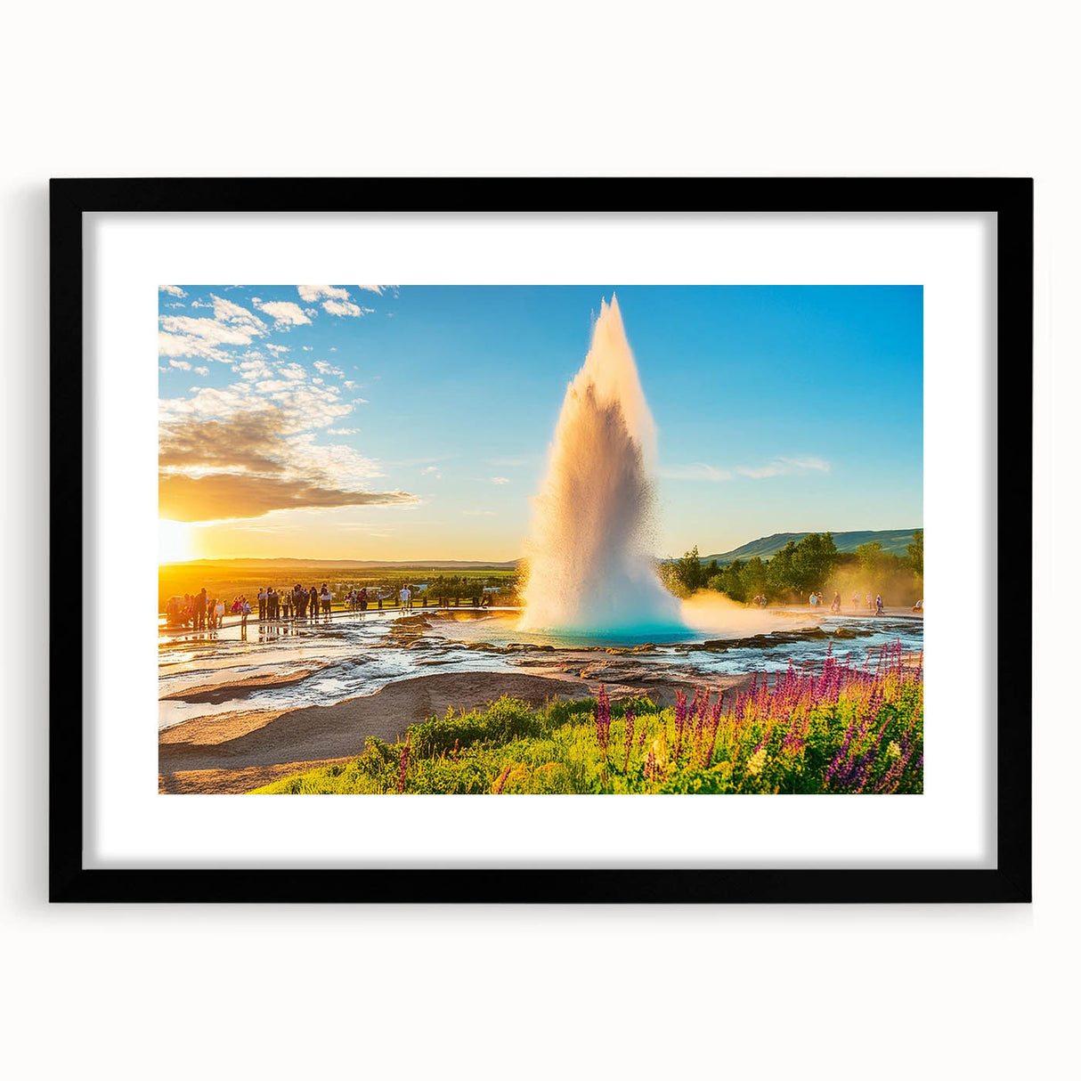 Extra large abstract art print of a colorful Icelandic landscape, textured appearance on a black framed canvas.