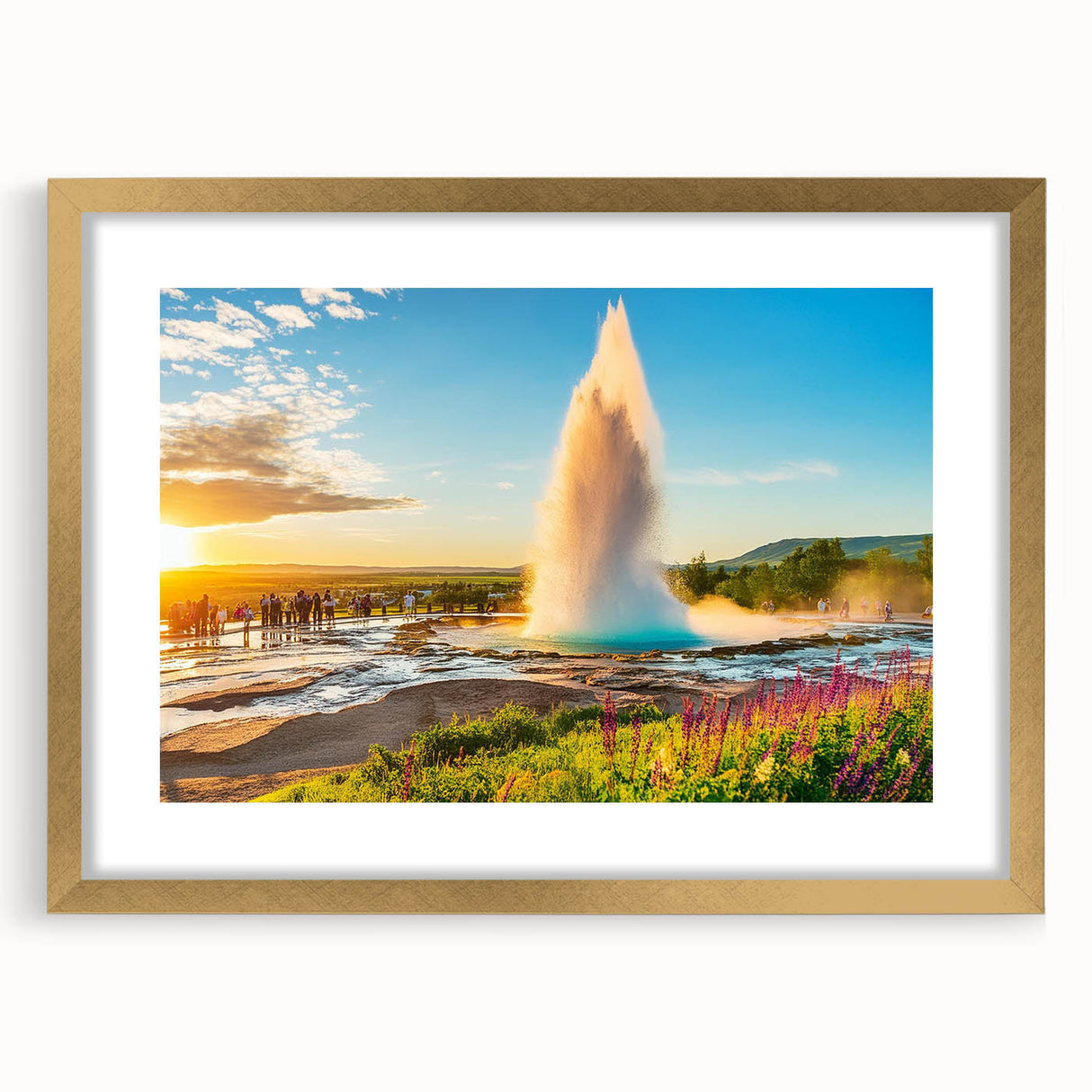 Abstract art print of European scenery in muted blue and green tones on a framed gold canvas, ideal for dining room decor.