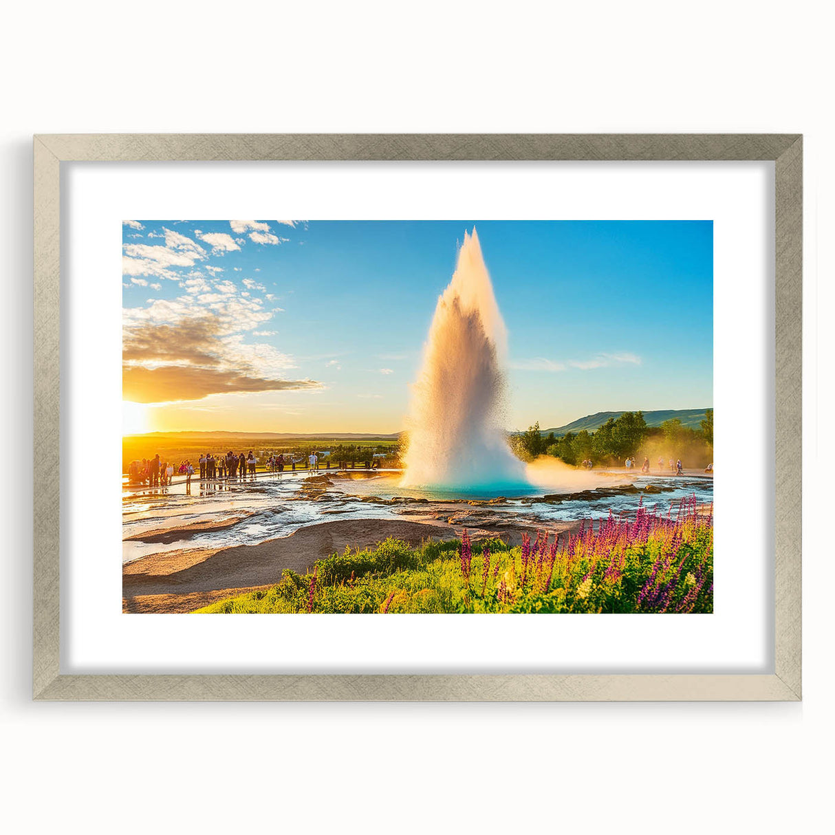 Extra large abstract art print depicting a textured Icelandic scenery in muted earth tones, framed in silver.
