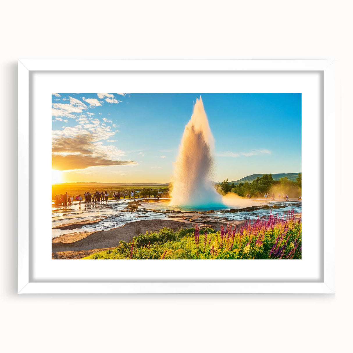 Textured art depicting abstract Icelandic scenery in muted gray and blue tones, framed with a white mat.