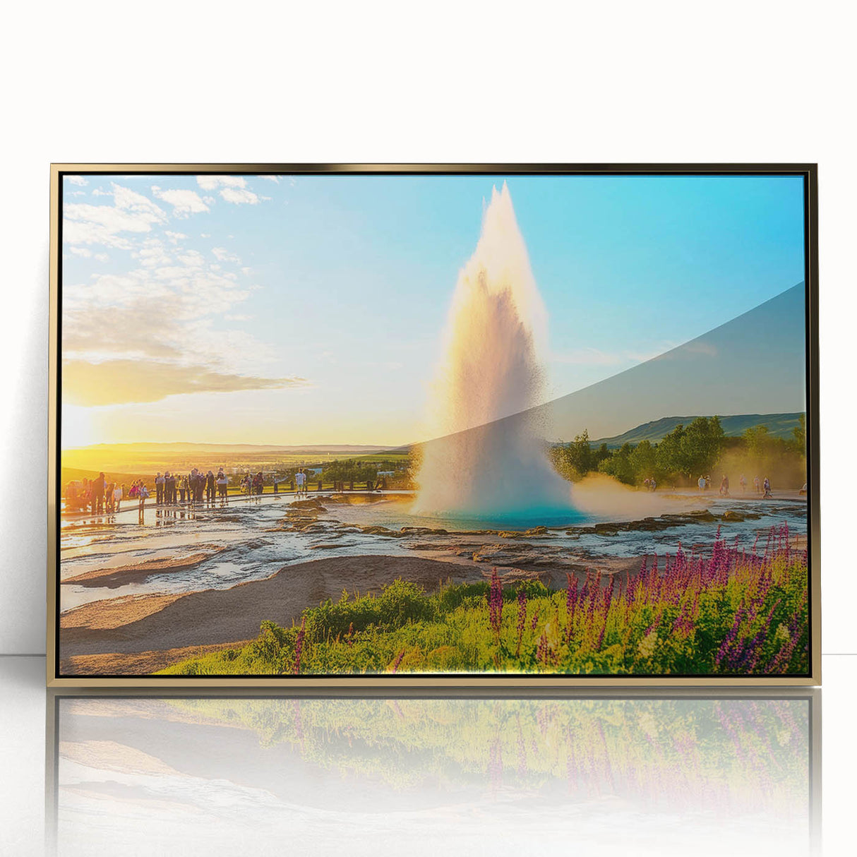Acrylic print of a serene Iceland landscape in muted blues and grays, framed in gold, suitable for modern art wall decor.