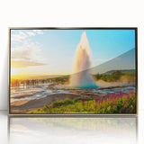 Acrylic print of a serene Iceland landscape in muted blues and grays, framed in gold, suitable for modern art wall decor.