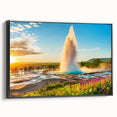 Black and white wall art featuring a vintage-style landscape of Iceland on a framed canvas, ideal for bedroom decor.