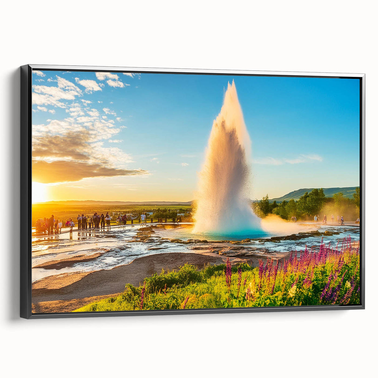 Black and white wall art featuring a vintage-style landscape of Iceland on a framed canvas, ideal for bedroom decor.