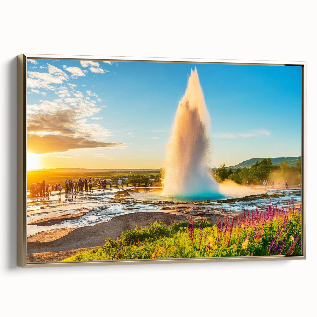 Framed canvas featuring a vintage-style Icelandic landscape in muted gold and black tones, suitable for bedroom decor.