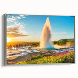 Framed canvas landscape art painting of an Icelandic scenery in muted gray and silver tones, ideal for living room decor.