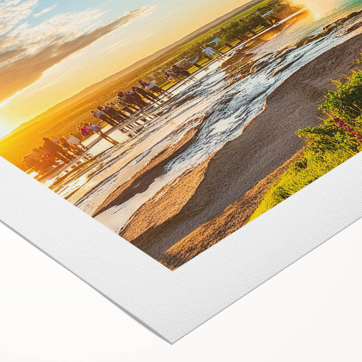 Art deco poster of a serene Icelandic landscape on rolled canvas, using muted blue and gray tones.
