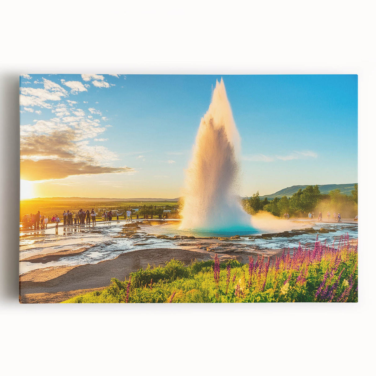 Black and white photograph of a serene Icelandic landscape on large stretched canvas.